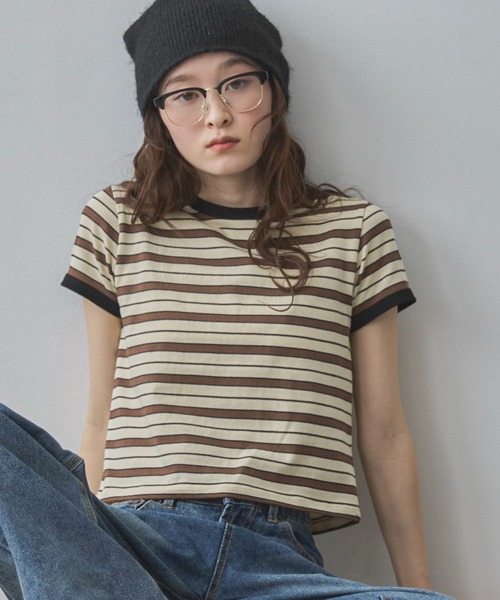 feepur（フェピュール）の「マルチボーダーコンパクトリンガーTee（Tシャツ/カットソー・レディース・アイボリー/ブラウン・MEDIUM）」の2枚目の写真