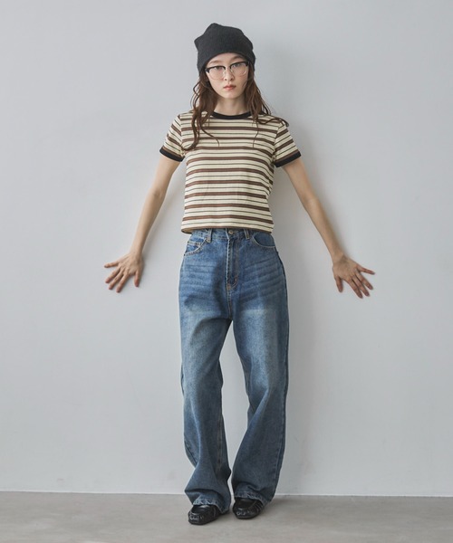 feepur（フェピュール）の「マルチボーダーコンパクトリンガーTee（Tシャツ/カットソー・レディース・アイボリー/ブラウン・MEDIUM）」の8枚目の写真