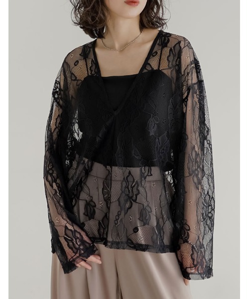 Re:EDIT（リエディ）の「深Vネック総レースシアープルオーバーチュニック（Tシャツ/カットソー・レディース・ホワイト/ブラック・LARGE/MEDIUM）」の11枚目の写真