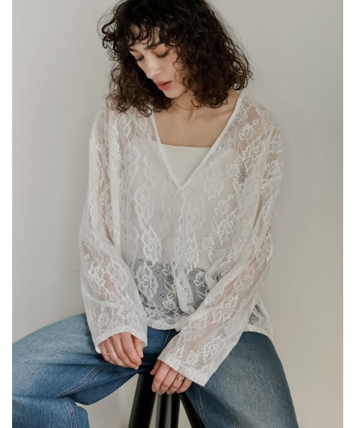Re:EDIT（リエディ）の「深Vネック総レースシアープルオーバーチュニック（Tシャツ/カットソー・レディース・ホワイト/ブラック・LARGE/MEDIUM）」の16枚目の写真