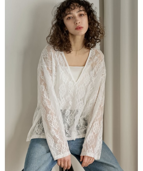 Re:EDIT（リエディ）の「深Vネック総レースシアープルオーバーチュニック（Tシャツ/カットソー・レディース・ホワイト/ブラック・LARGE/MEDIUM）」の9枚目の写真
