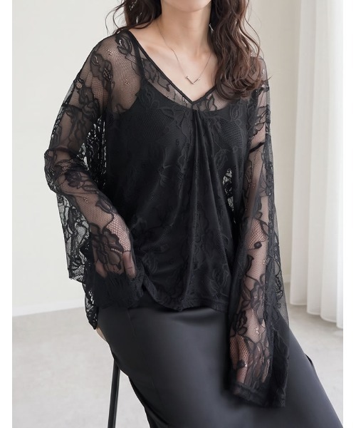 Re:EDIT（リエディ）の「深Vネック総レースシアープルオーバーチュニック（Tシャツ/カットソー・レディース・ホワイト/ブラック・LARGE/MEDIUM）」の4枚目の写真
