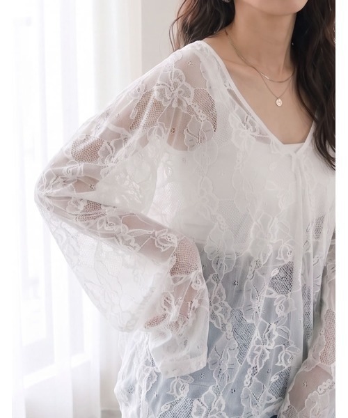 Re:EDIT（リエディ）の「深Vネック総レースシアープルオーバーチュニック（Tシャツ/カットソー・レディース・ホワイト/ブラック・LARGE/MEDIUM）」の10枚目の写真