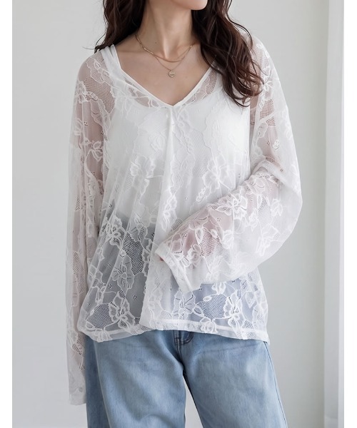 Re:EDIT（リエディ）の「深Vネック総レースシアープルオーバーチュニック（Tシャツ/カットソー・レディース・ホワイト/ブラック・LARGE/MEDIUM）」の6枚目の写真