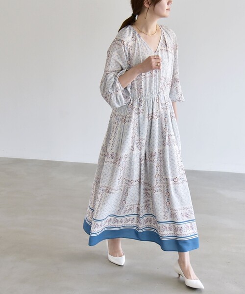 quaranciel:〈洗濯機可能〉フラワー スカーフ プリント Vネック フレア