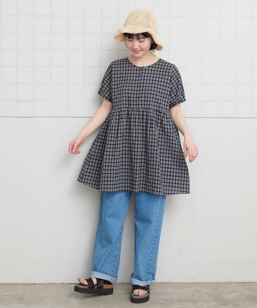 l'atelier du savon(アトリエドサボン)の「シャ-リングチェック/ストライプ フレンチブラウス(シャツ/ブラウス・レディース・ネイビー/ベージュ/グリーン・FREE)」の15枚目の写真