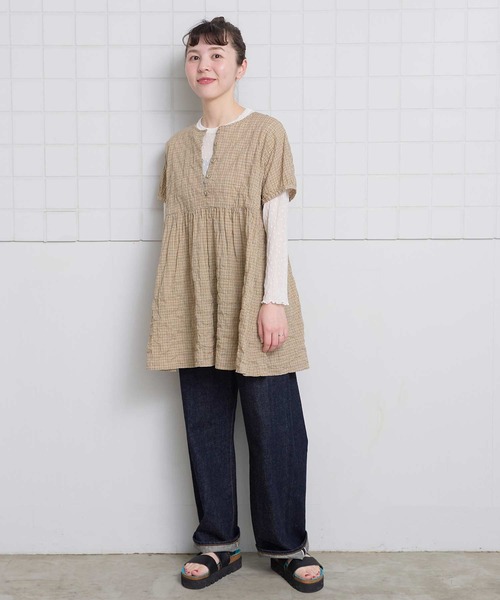 l'atelier du savon(アトリエドサボン)の「シャ-リングチェック/ストライプ フレンチブラウス(シャツ/ブラウス・レディース・ネイビー/ベージュ/グリーン・FREE)」の10枚目の写真
