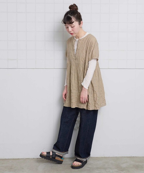 l'atelier du savon(アトリエドサボン)の「シャ-リングチェック/ストライプ フレンチブラウス(シャツ/ブラウス・レディース・ネイビー/ベージュ/グリーン・FREE)」の11枚目の写真