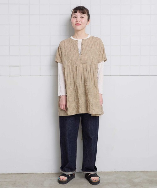 l'atelier du savon(アトリエドサボン)の「シャ-リングチェック/ストライプ フレンチブラウス(シャツ/ブラウス・レディース・ネイビー/ベージュ/グリーン・FREE)」の13枚目の写真
