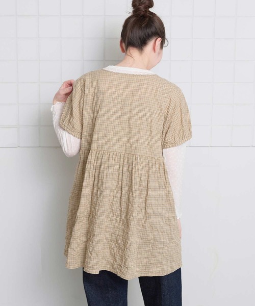 l'atelier du savon(アトリエドサボン)の「シャ-リングチェック/ストライプ フレンチブラウス(シャツ/ブラウス・レディース・ネイビー/ベージュ/グリーン・FREE)」の5枚目の写真