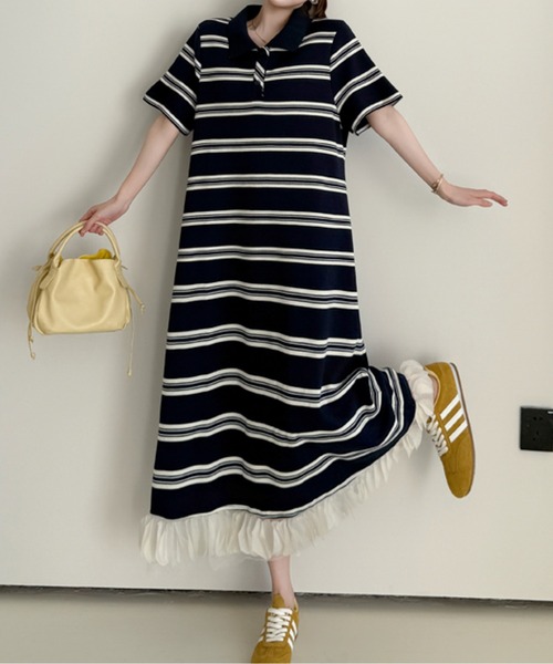 AMAJI(アマジ)の「裾チュールボーダーワンピース(ワンピース・レディース・ブラック・XXX-LARGE/XX-LARGE/X-LARGE/LARGE)」の2枚目の写真