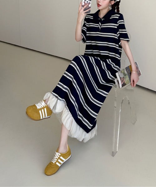 AMAJI(アマジ)の「裾チュールボーダーワンピース(ワンピース・レディース・ブラック・XXX-LARGE/XX-LARGE/X-LARGE/LARGE)」の3枚目の写真