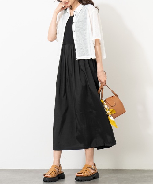 aunt lily(アントリリー)の「クロップド ラッセル レース シャツ|透け感 メッシュ クロップド丈 きれいめ 羽織り(シャツ/ブラウス・レディース・オフホワイト/ブラック・S/M/L/LL)」の5枚目の写真