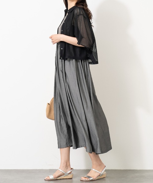 aunt lily(アントリリー)の「クロップド ラッセル レース シャツ|透け感 メッシュ クロップド丈 きれいめ 羽織り(シャツ/ブラウス・レディース・オフホワイト/ブラック・S/M/L/LL)」の12枚目の写真