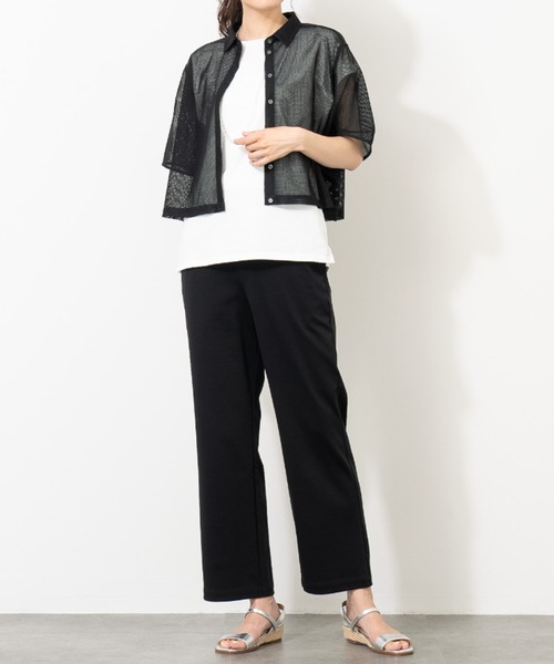 aunt lily(アントリリー)の「クロップド ラッセル レース シャツ|透け感 メッシュ クロップド丈 きれいめ 羽織り(シャツ/ブラウス・レディース・オフホワイト/ブラック・S/M/L/LL)」の8枚目の写真