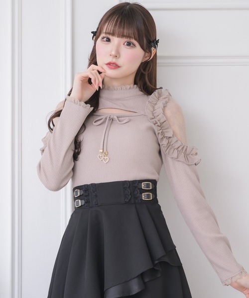 couture BY ROJITA(クチュールバイロジータ)の「シアーフリルテレコトップス(Tシャツ/カットソー・レディース・ホワイト/ピンクベージュ/ブラック・FREE)」の6枚目の写真