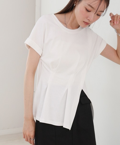 Bab(バブ)の「フロントタックデザイン スリットトップス(Tシャツ/カットソー・レディース・グレー/オフホワイト/ブラック・MEDIUM)」の5枚目の写真