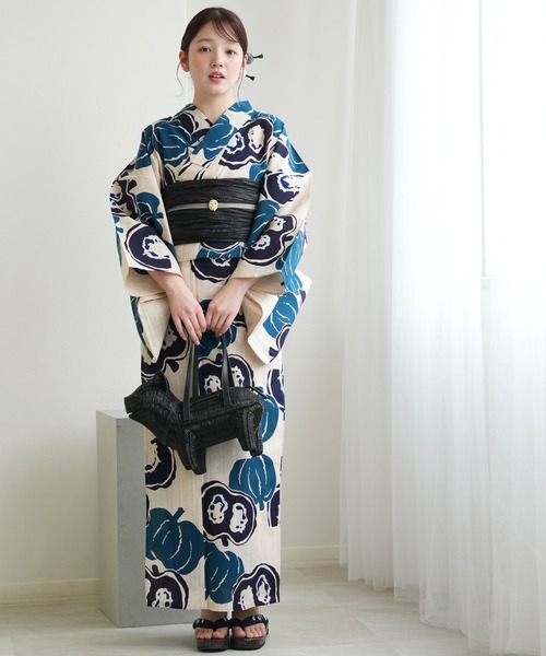 utatane（ウタタネ）の「手染め注染浴衣3点セット utatane×注染工房 先染めベージュ 南瓜 青紺（浴衣・レディース・ベージュ・FREE）」の2枚目の写真