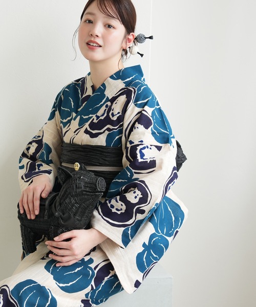 utatane（ウタタネ）の「手染め注染浴衣3点セット utatane×注染工房 先染めベージュ 南瓜 青紺（浴衣・レディース・ベージュ・FREE）」の6枚目の写真