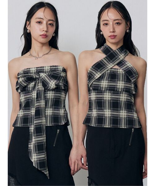 MURUA（ムルーア）の「マルチwayチェックベアブラウス　夏服（Tシャツ/カットソー・レディース・ブラウン/ネイビー/ブラック・FREE）」の4枚目の写真