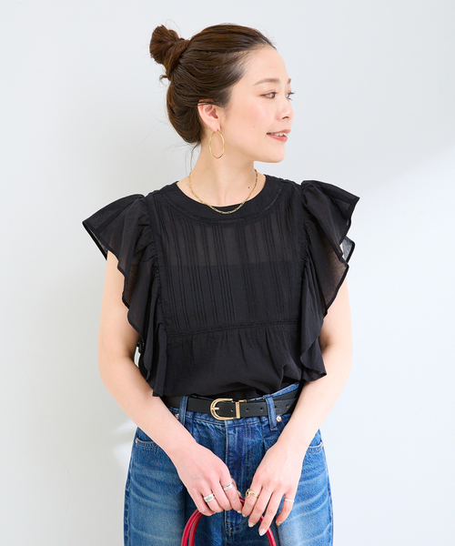 B.C STOCK（ベーセーストック）の「《追加》【WEB限定】手洗い可 / フリルピンタックブラウス（シャツ/ブラウス・レディース・ブラック/サックスブルー/ホワイト・FREE）」の7枚目の写真