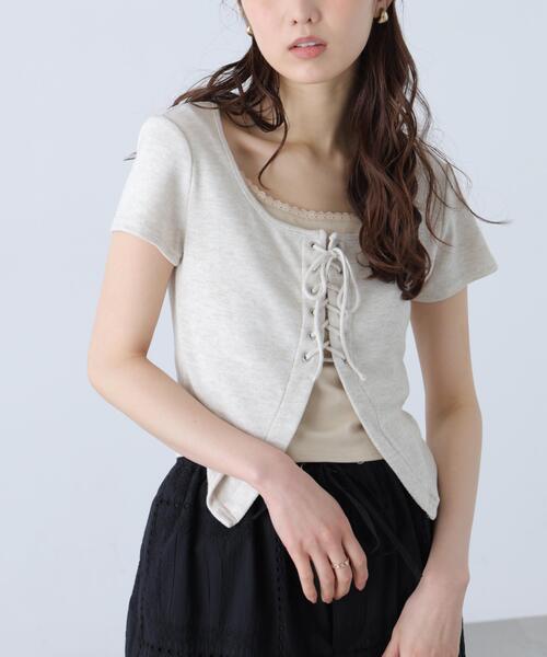 FREE'S MART(フリーズマート)の「◆レースアップレイヤードカットソー(Tシャツ/カットソー・レディース・ブラック/グレー/ベージュ・FREE)」の1枚目の写真