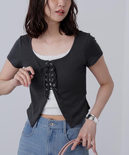 FREE'S MART(フリーズマート)の「◆レースアップレイヤードカットソー(Tシャツ/カットソー・レディース・ブラック/グレー/ベージュ・FREE)」の20枚目の写真