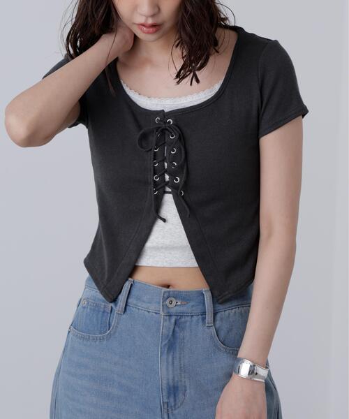 FREE'S MART(フリーズマート)の「◆レースアップレイヤードカットソー(Tシャツ/カットソー・レディース・ブラック/グレー/ベージュ・FREE)」の22枚目の写真