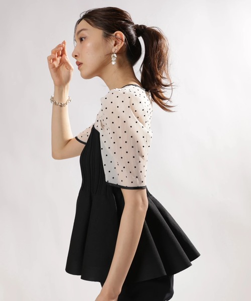 新品✨JUSGLITTY 5分袖 シアー ブラウス レイヤード ニット 美香 JUSGLITTY（ジャスグリッティー）の「5分袖シアーブラウスレイヤード