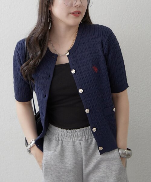 Polo by Ralph Lauren 半袖カーディガン M ネイビー ケーブル コットン ショートスリーブ Polo カーディガン