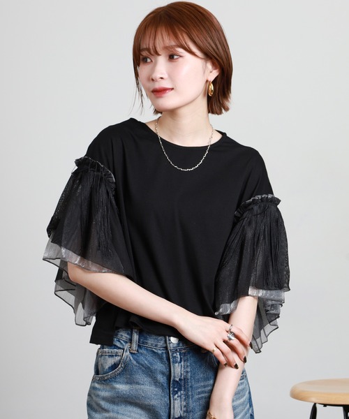 FUNALIVE(ファンアライブ)の「フリンジメッシュシャイニーフレアスリーブプルオーバー 半端袖(Tシャツ/カットソー・レディース・ブラック/カーキ/オフホワイト・M)」の2枚目の写真
