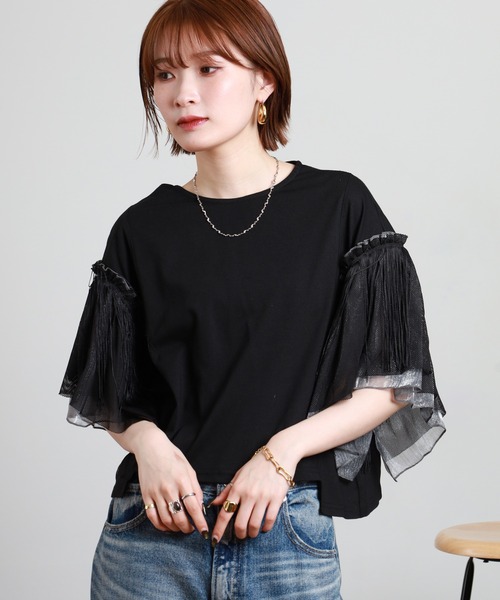 FUNALIVE(ファンアライブ)の「フリンジメッシュシャイニーフレアスリーブプルオーバー 半端袖(Tシャツ/カットソー・レディース・ブラック/カーキ/オフホワイト・M)」の22枚目の写真