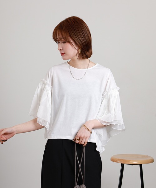 FUNALIVE(ファンアライブ)の「フリンジメッシュシャイニーフレアスリーブプルオーバー 半端袖(Tシャツ/カットソー・レディース・ブラック/カーキ/オフホワイト・M)」の18枚目の写真
