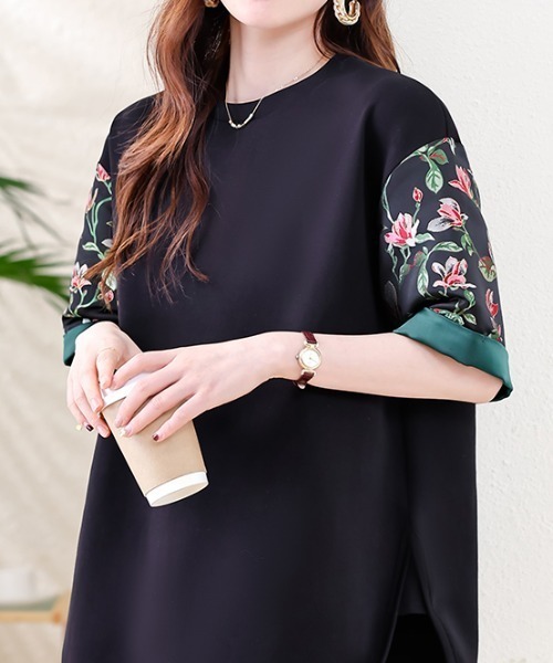 LUCPY（ラクピー）の「フラワー切替デザイン半袖トップス（その他トップス・レディース・ブラック・XX-LARGE/X-LARGE/LARGE/MEDIUM）」の3枚目の写真
