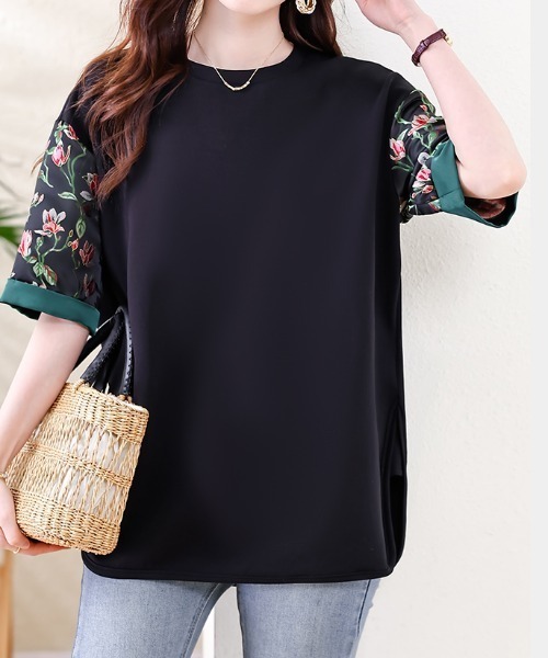 LUCPY（ラクピー）の「フラワー切替デザイン半袖トップス（その他トップス・レディース・ブラック・XX-LARGE/X-LARGE/LARGE/MEDIUM）」の5枚目の写真
