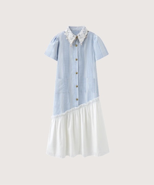 L'Appartement RAMIE SHIRT DRESSラミーシャツドレス Lace Collar Asymmetry Docking Shirt Dress（ワンピース）｜LA POMME