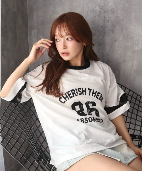 INTERPLANET（インタープラネット）の「袖レース切替ナンバリングプリントTシャツ（Tシャツ/カットソー・レディース・ブラック/オフホワイト・MEDIUM/LARGE）」の3枚目の写真
