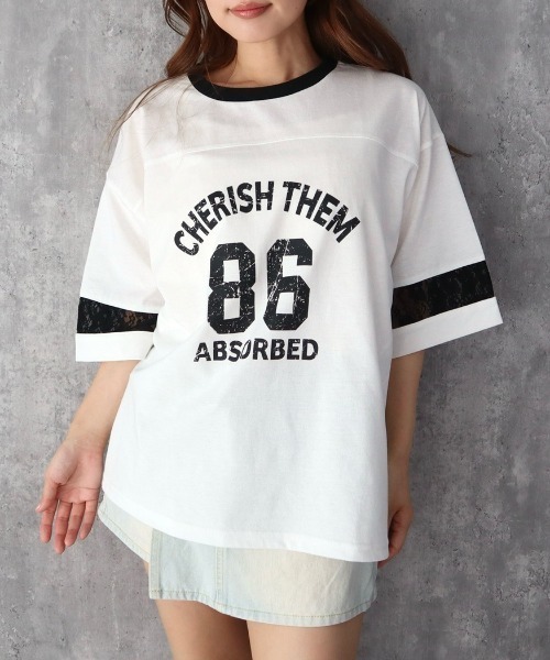 INTERPLANET（インタープラネット）の「袖レース切替ナンバリングプリントTシャツ（Tシャツ/カットソー・レディース・ブラック/オフホワイト・MEDIUM/LARGE）」の4枚目の写真