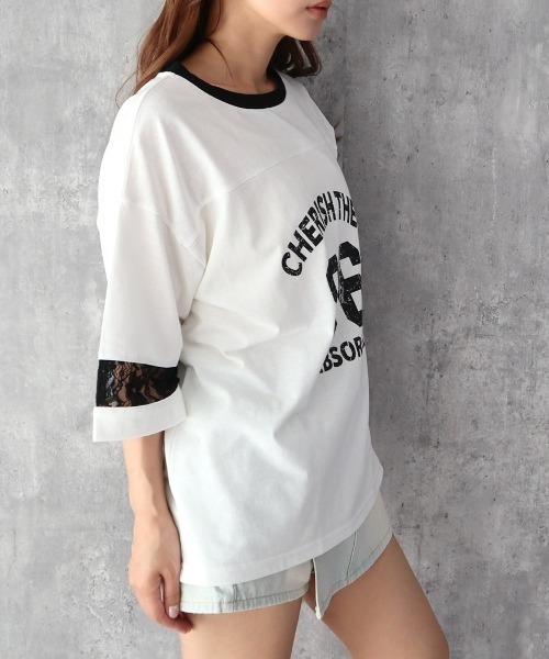 INTERPLANET（インタープラネット）の「袖レース切替ナンバリングプリントTシャツ（Tシャツ/カットソー・レディース・ブラック/オフホワイト・MEDIUM/LARGE）」の7枚目の写真