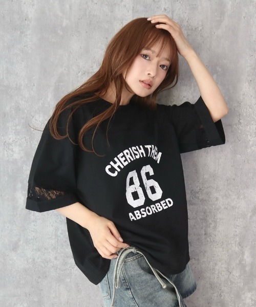 INTERPLANET（インタープラネット）の「袖レース切替ナンバリングプリントTシャツ（Tシャツ/カットソー・レディース・ブラック/オフホワイト・MEDIUM/LARGE）」の12枚目の写真