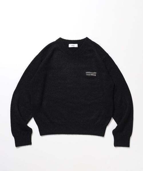 FFEIN（フェイン）の「【FFEIN(フェイン)】ウール混Vネックニット / ウール混 刺繍 ニット Vネック ユニセックス（ニット/セーター・メンズ・ブラック/グレー/ブラウン/アイボリー/ミント/イエロー/ネイビー/ピンク・SMALL/LARGE/MEDIUM）」の3枚目の写真