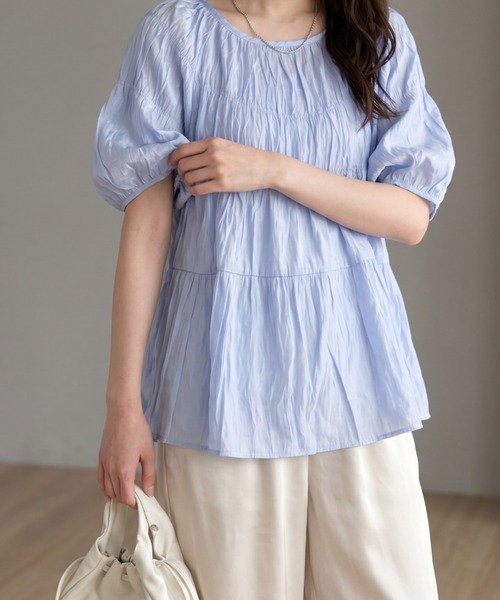 umune(ウムネ)の「ティアード チュニック スモックブラウス 半袖 五分袖 パフスリーブ スカラップ トップス 体型カバー カジュアル 夏(シャツ/ブラウス・レディース・サックスブルー/オフホワイト/ブラック・FREE)」の11枚目の写真