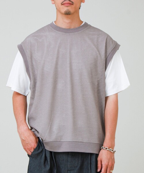 GLOSTER(グロスター)の「【2点セット】メッシュベスト アンサンブルTEE(Tシャツ/カットソー・メンズ・グレイッシュベージュ/ブラック・L/M/S)」の11枚目の写真