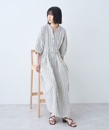 アソート柄ウエストタックドルマンシャツワンピース