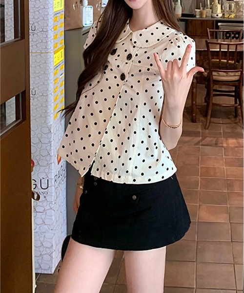 MAISON DE THERESE(メゾン ド テレーズ)の「ドット水玉柄可愛いドールカラー半袖シャツ レディース 夏新作 着痩せシルエット 万能カジュアルブラウス(シャツ/ブラウス・レディース・アイボリー・M)」の3枚目の写真