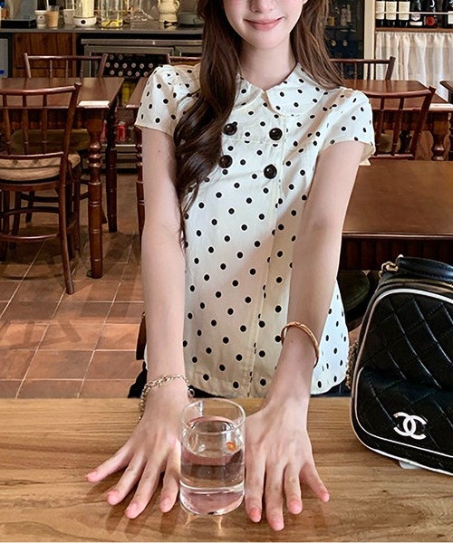 MAISON DE THERESE(メゾン ド テレーズ)の「ドット水玉柄可愛いドールカラー半袖シャツ レディース 夏新作 着痩せシルエット 万能カジュアルブラウス(シャツ/ブラウス・レディース・アイボリー・M)」の6枚目の写真