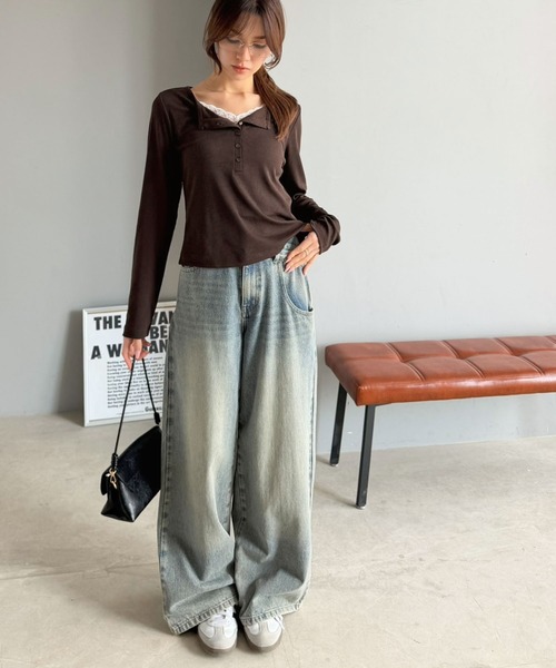 mily bilet(ミウィビレット)の「《10月下旬再入荷!予約受付中》【mily bilet】いつものトップスをひとさじ甘く。レースレイヤード見えヘンリーネックトップス(長袖)(Tシャツ/カットソー・レディース・アイボリー系1/ブラウン/グレー系1・LARGE/MEDIUM/SMALL/X-LARGE)」の20枚目の写真