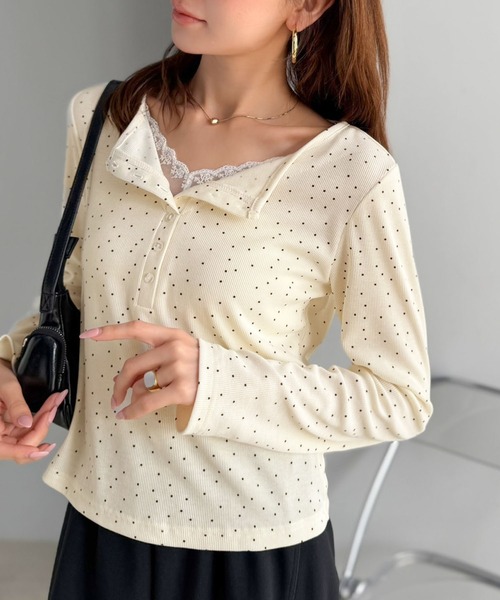 mily bilet(ミウィビレット)の「《10月下旬再入荷!予約受付中》【mily bilet】いつものトップスをひとさじ甘く。レースレイヤード見えヘンリーネックトップス(長袖)(Tシャツ/カットソー・レディース・アイボリー系1/ブラウン/グレー系1・LARGE/MEDIUM/SMALL/X-LARGE)」の22枚目の写真