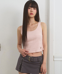 Uネックカットラインスリーブレストップピンク