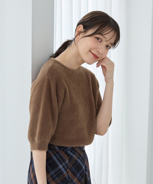 Honeys（ハニーズ）の「半袖シャギーニット（ニット/セーター・レディース・ブラウン/アイボリー/グレー/オリーブ/ピンク系・L/M）」の4枚目の写真